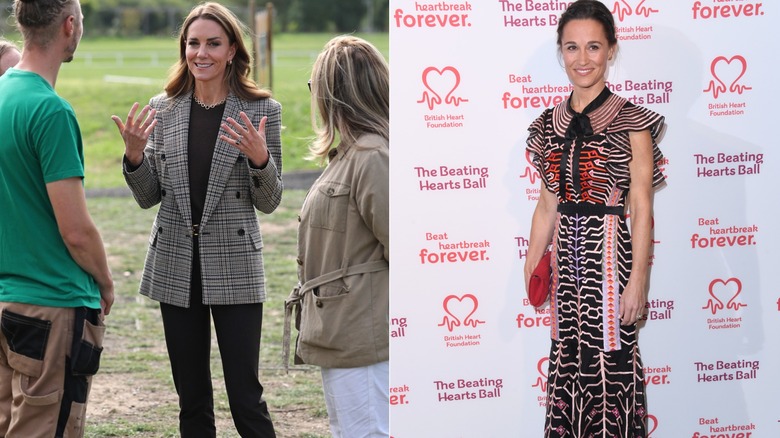 L: Kate Middleton con una chaqueta de tweed y pantalones negros. R: Pippa Middleton con un vestido estampado