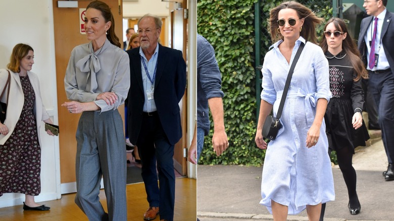 L: Kate Middleton con una blusa pulida y pantalones grises. R: Pippa Middleton con un vestido de rayas azules y blancas