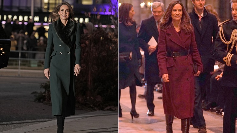 L: Kate Middleton con un abrigo verde intenso con adornos de piel. R: Pippa Middleton con un abrigo y botas de color rojo intenso