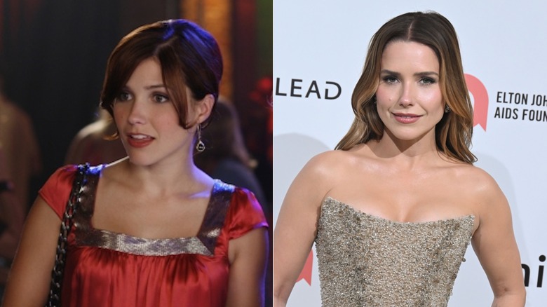 (Izquierda) Sophia Bush como Brooke Davis en "Colina de un árbol"; (R) Sophia Bush en la fiesta anual de los Oscar de Elton John en 2026