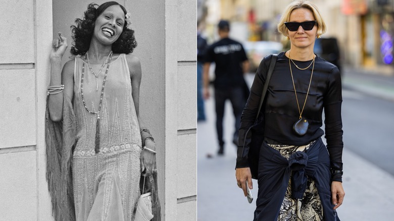 Una mujer de la década de 1920 con un collar largo y un vestido estilo flapper a la izquierda, y una mujer de 2026 con un collar largo de borlas y un top negro a la derecha.