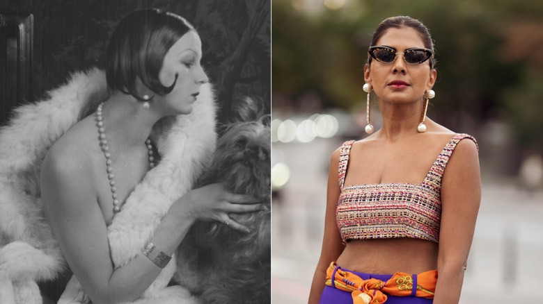 Una mujer de la década de 1920 con aretes, un collar de perlas y un chal de piel a la izquierda y una mujer de 2026 con aretes y un top corto a la derecha.