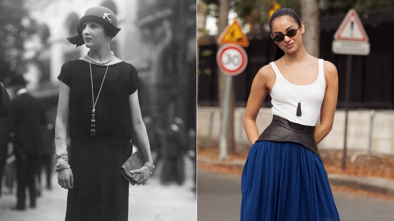 Una mujer de la década de 1920 que llevaba un collar de borlas con un vestido negro a la izquierda y una mujer de 2026 que llevaba un collar de borlas con una camiseta sin mangas blanca y una falda azul a la derecha.