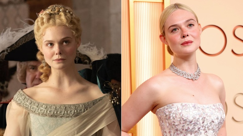 Fotos una al lado de la otra de Elle Fanning en su personaje en The Great (izquierda) y como ella misma en la alfombra roja (derecha)
