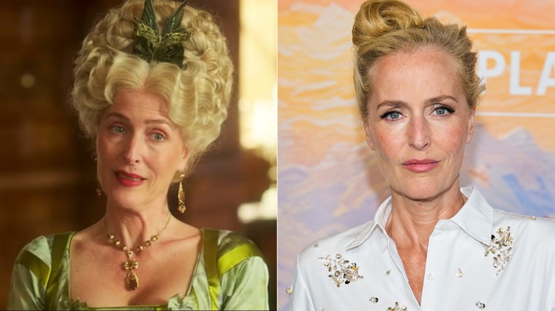 Fotografías una al lado de la otra de Gillian Anderson en su personaje en The Great (izquierda) y ella misma en la alfombra roja (derecha)
