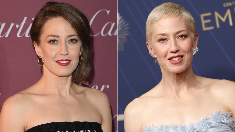 (L) Carrie Coon con cabello castaño hasta la barbilla en 2015; (R) Carrie Coon con un duendecillo rubio bajo en 2025