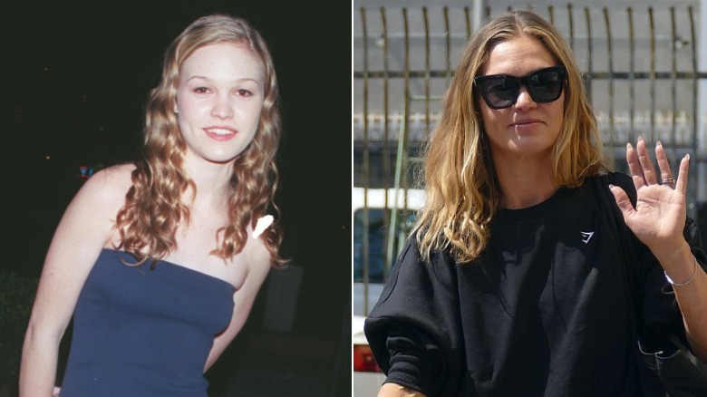 (L) Julia Stiles con cabello naturalmente ondulado en 1999; (R) Las suaves ondas de Julia Stiles en 2026