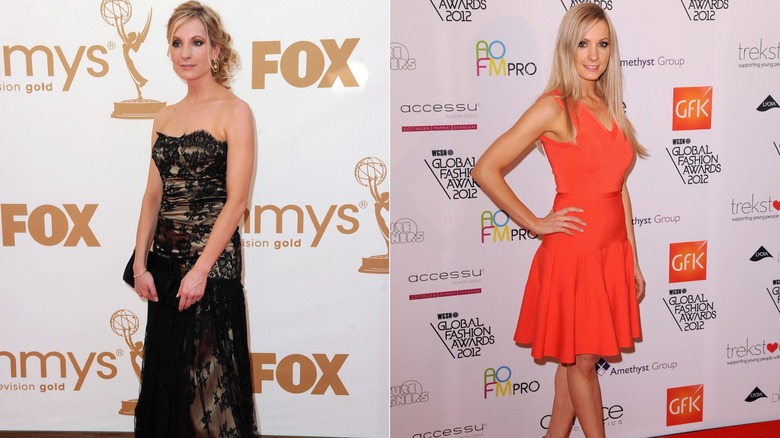 (Izquierda) Joanne Froggatt con un vestido de encaje en los Premios Emmy 2011; (R) Joanne Froggatt con un vestido naranja en el WGSN Global Fashion Award 2012