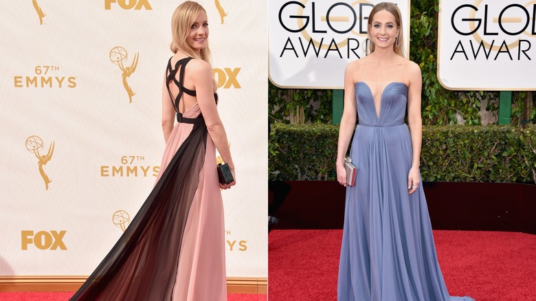 (Izquierda) Joanne Froggatt con un vestido rosa y negro en los Premios Emmy 2015; (R) Joanne Froggatt con un vestido azul en los Golden Globe Awards 2016