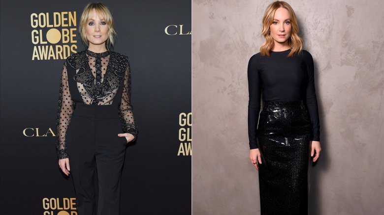 (Izquierda) Joanne Froggatt vestida completamente de negro en una fiesta de Embajadores del Globo de Oro 2019; (R) Joanne Froggatt vestida completamente de negro en una sesión fotográfica de 2020 para 