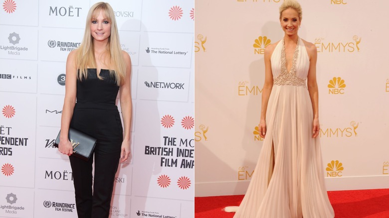 (Izq.) Joanne Froggatt con un mono negro en los Moët British Independent Film Awards 2013; (R) Joanne Froggatt con un vestido blanco sin mangas en los Premios Emmy 2014