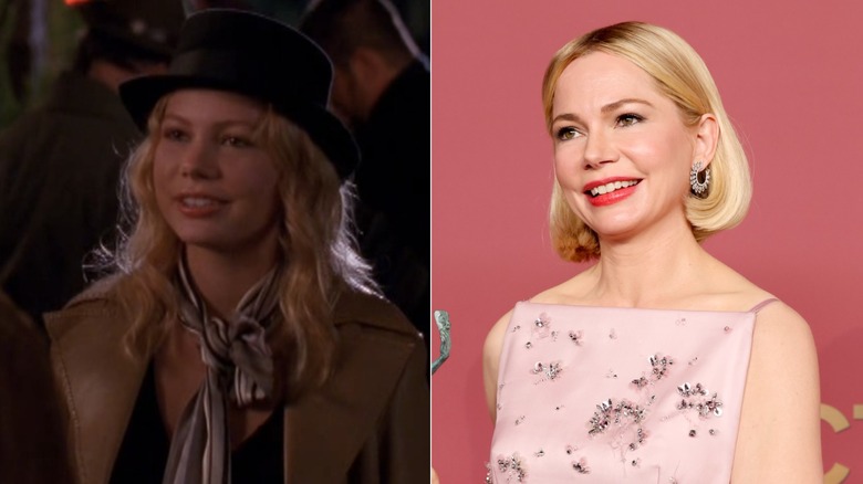 A la izquierda, la actriz Michelle Williams llevaba su cabello rubio ondulado debajo de un sombrero derby negro con maquillaje neutro y una bufanda atada al cuello, combinada con una camisa negra con cuello en V y una chaqueta de cuero marrón claro durante un episodio de Dawson's Creek. A la derecha, la actriz Michelle Williams lució su cabello rubio en un elegante bob con un atrevido labio rojo y un vestido rosa claro con adornos plateados en una entrega de premios en el Shrine Auditorium de Los Ángeles en marzo de 2026.