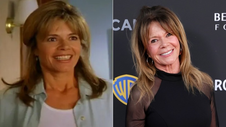 A la izquierda, la actriz Mary-Margaret Humes llevaba su cabello castaño claro medio recogido con flequillo y maquillaje neutro junto con una camiseta blanca debajo de una camisa con botones de color verde claro durante un episodio de Dawson's Creek. A la derecha, la actriz Mary-Margaret Humes lució su cabello castaño claro suelto con volumen en la parte superior y flequillo de cortina junto con maquillaje neutro y aretes de aro combinados con un vestido negro con cuello alto y mangas transparentes en una gala en Los Ángeles en 2026.