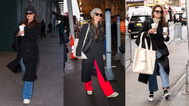 Katie Holmes usando el mismo abrigo negro en múltiples ocasiones