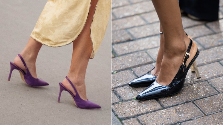 Una invitada viste una falda amarilla y zapatos de tacón con tira trasera y punta puntiaguda de color púrpura durante la Semana de la Moda de París en octubre de 2026 / Una invitada usa zapatos de tacón con tira trasera y punta puntiaguda de charol negro en Londres en septiembre de 2026