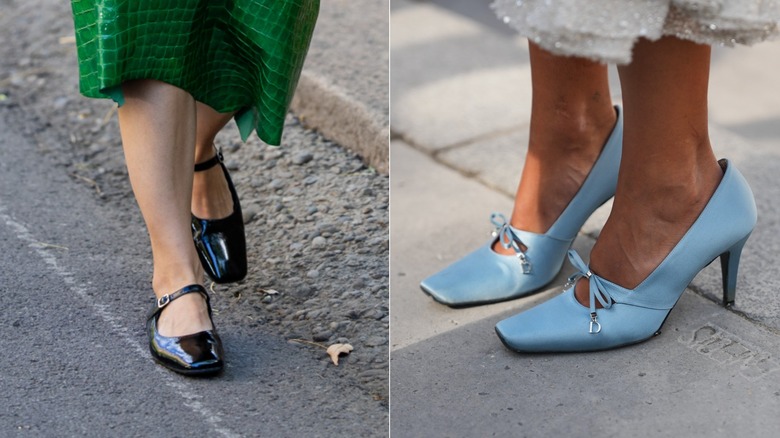 Una invitada viste una falda midi verde con relieve de cocodrilo y Mary Janes negras en Milán en septiembre de 2026 / Una invitada viste un par de zapatos Mary Jane de satén azul claro durante la Semana de la Moda de París en septiembre de 2026