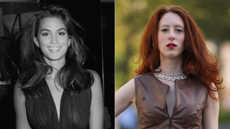 L: Cindy Crawford con una explosión en los años 80. R: Una mujer con un reventón saltarín en 2026