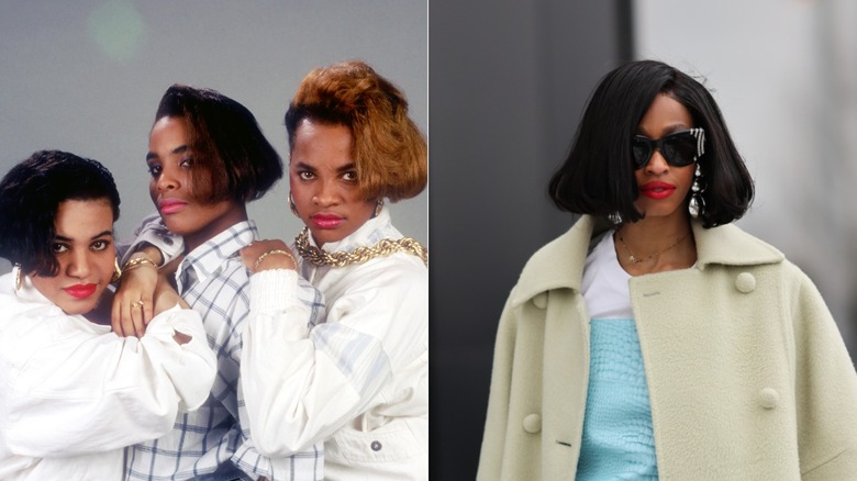 L: Salt-N-Pepa con bobs asimétricos en los años 80. R: Una mujer con un bob asimétrico en 2026
