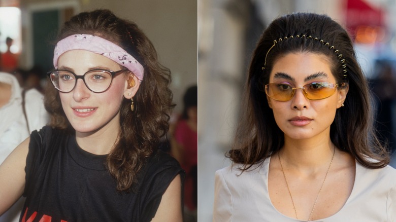 L: Una mujer que llevaba una diadema en los años 80. R: Una mujer con diadema en 2026
