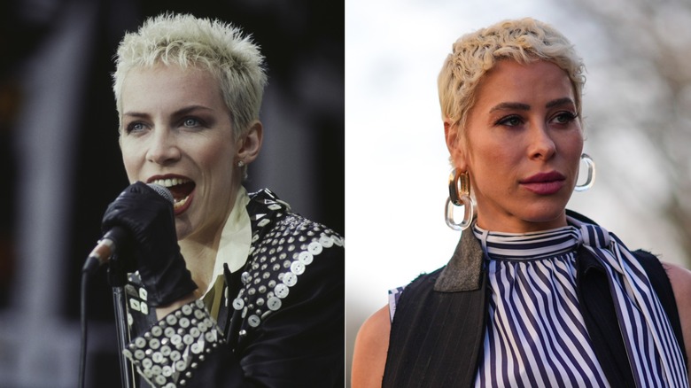 L: Annie Lennox con un duendecillo rubio en los años 80. R: Una mujer con un duendecillo rubio en 2026