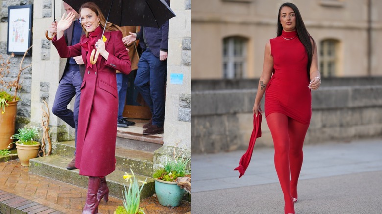 L: Kate Middleton luciendo un outfit en tonos burdeos. R: Mujer con vestido rojo y medias rojas.