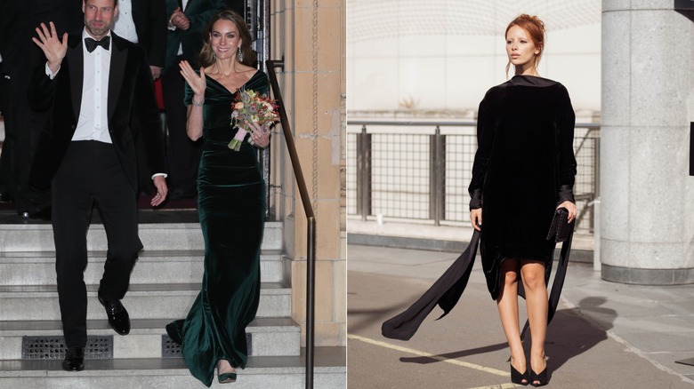 L: Kate Middleton con un vestido de terciopelo. R: Mujer con vestido de terciopelo.