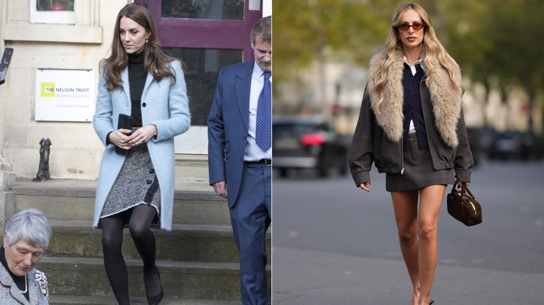 L: Kate Middleton con falda de tweed y abrigo mullido. R: Mujer con chaqueta con adornos de piel, falda, chaleco y camisa.