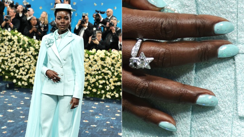 Lado a lado: Lupita Nyong'o con uñas con brillo verde menta en la Met Gala 2025 y un primer plano de sus uñas