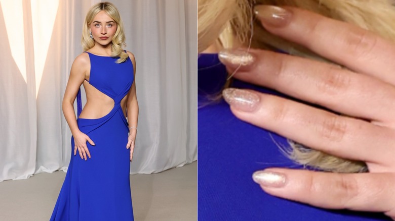 Lado a lado: Sabrina Carpenter con uñas suaves y brillantes en la Gala del Museo de la Academia 2026 y un primer plano de sus uñas