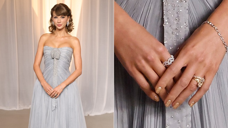 Lado a lado: Taylor Swift con uñas con brillo dorado en la Gala del Museo de la Academia 2026 y un primer plano de sus uñas