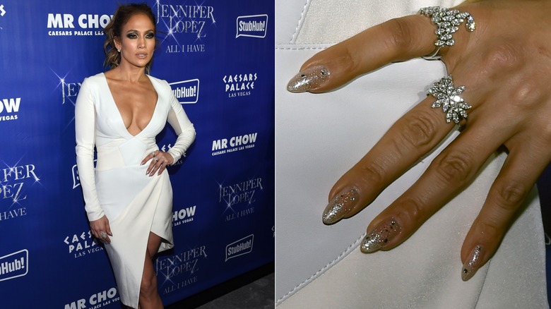 Lado a lado: Jennifer López con uñas brillantes en una fiesta posterior de 2016 en su residencia de Las Vegas y un primer plano de sus uñas