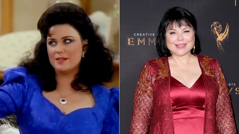 Una joven Delta Burke con un vestido azul real y un voluminoso bouffant negro / Una Delta Burke mayor con un vestido rojo satinado
